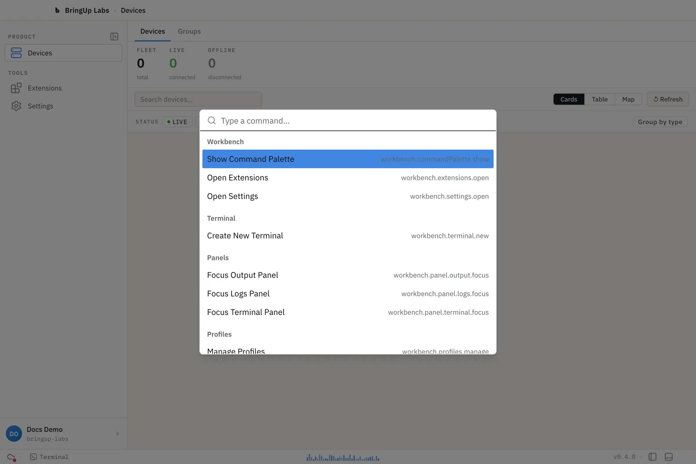 The command palette, showing available workbench commands