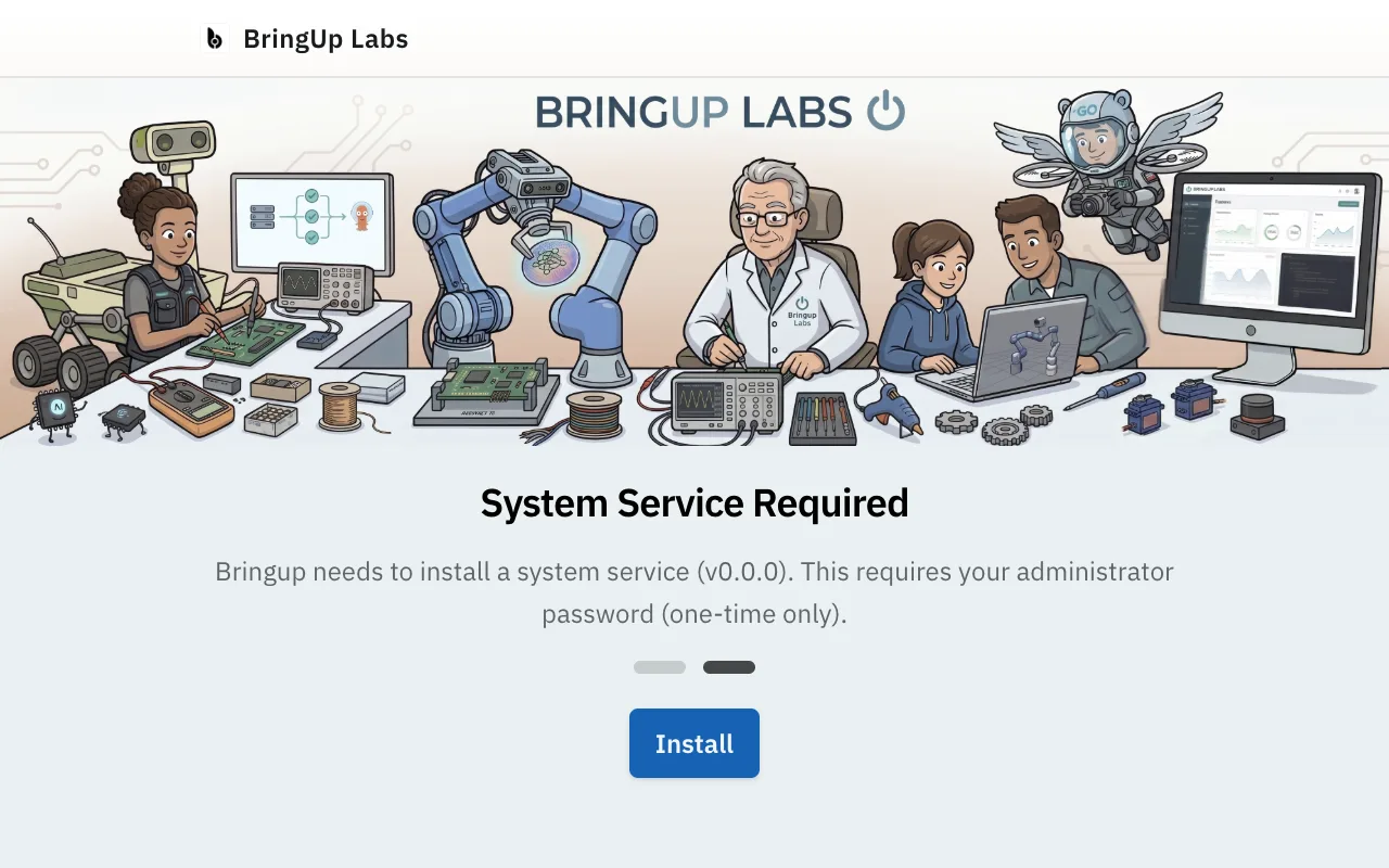 The Setup step, showing System Service Required and the Install button