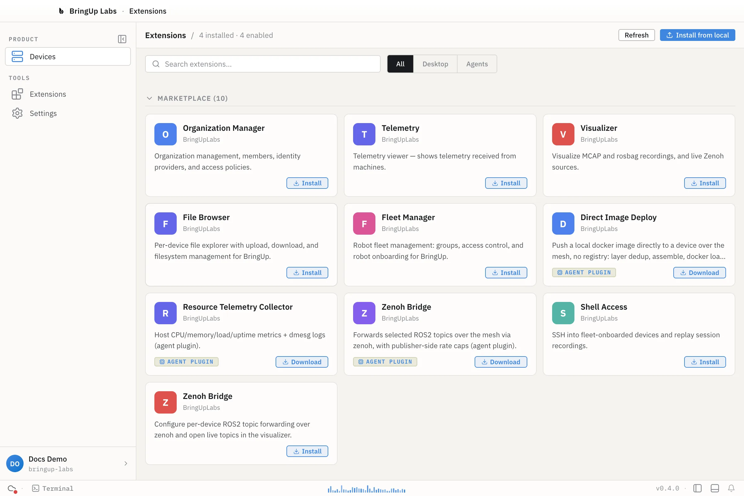 The Extensions view, showing the marketplace catalog