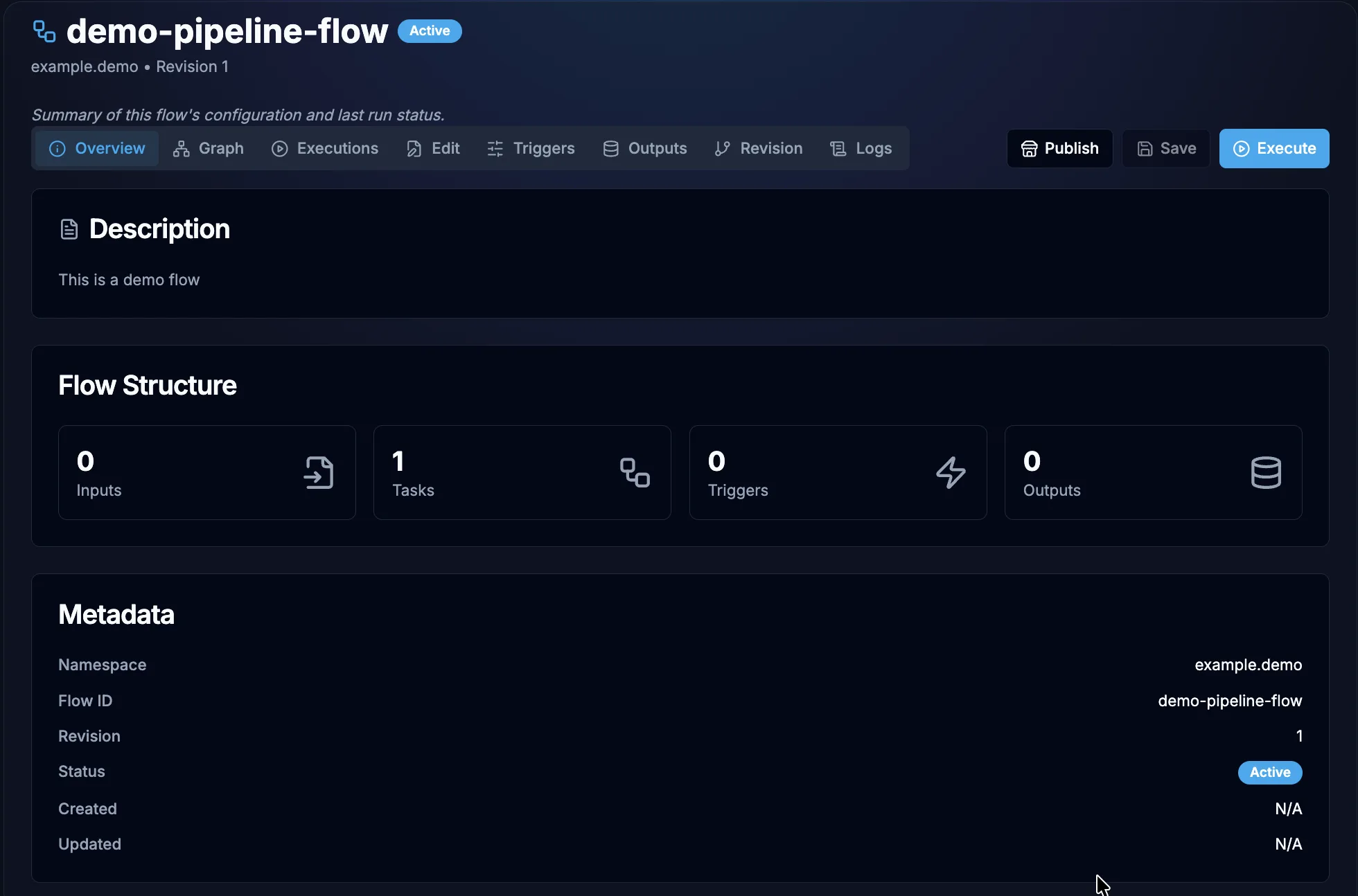 A flow's Overview tab, showing its flow structure counts and metadata