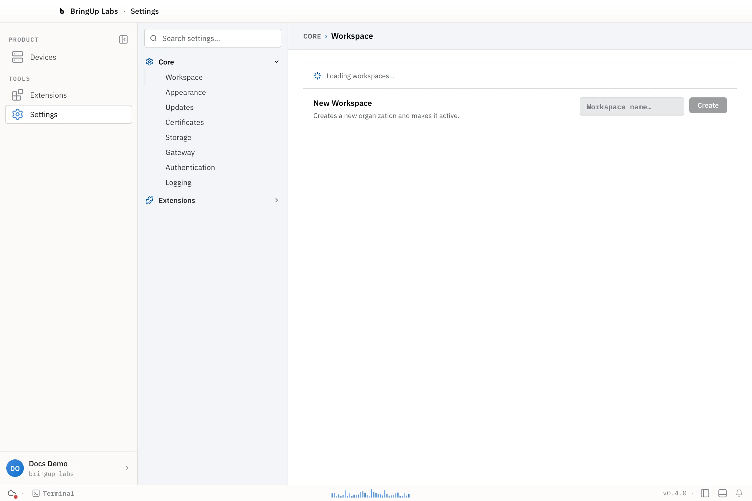 The New Workspace form under Settings, Core, Workspace