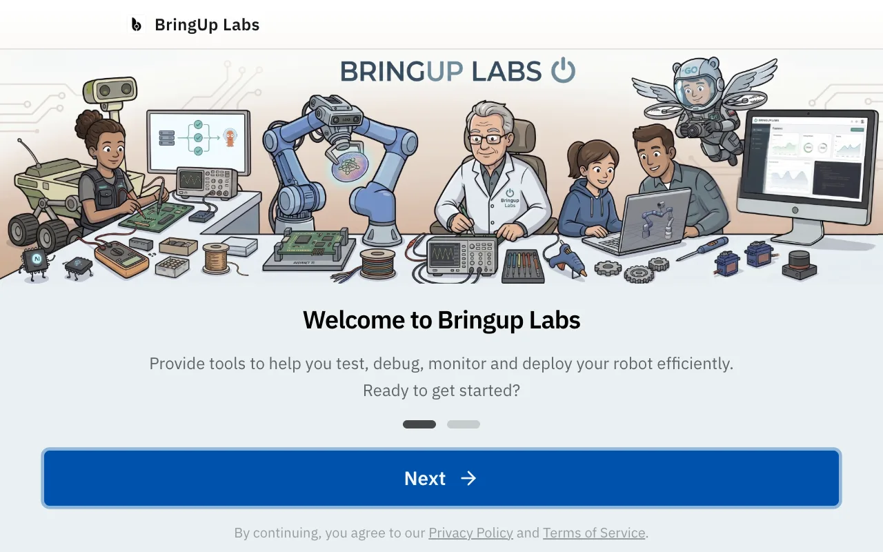 The Bringup welcome screen on first launch, with the Next button